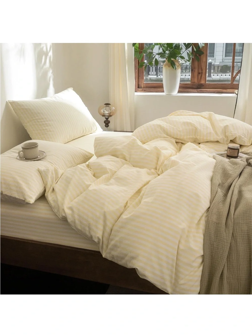 NEW FOSSA 100% Washed Cotton Striped Duvet Cover Set. Linen-Like. Pale Yellow